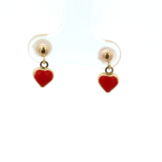 Yellow Gold Red Heart Drop Earrings